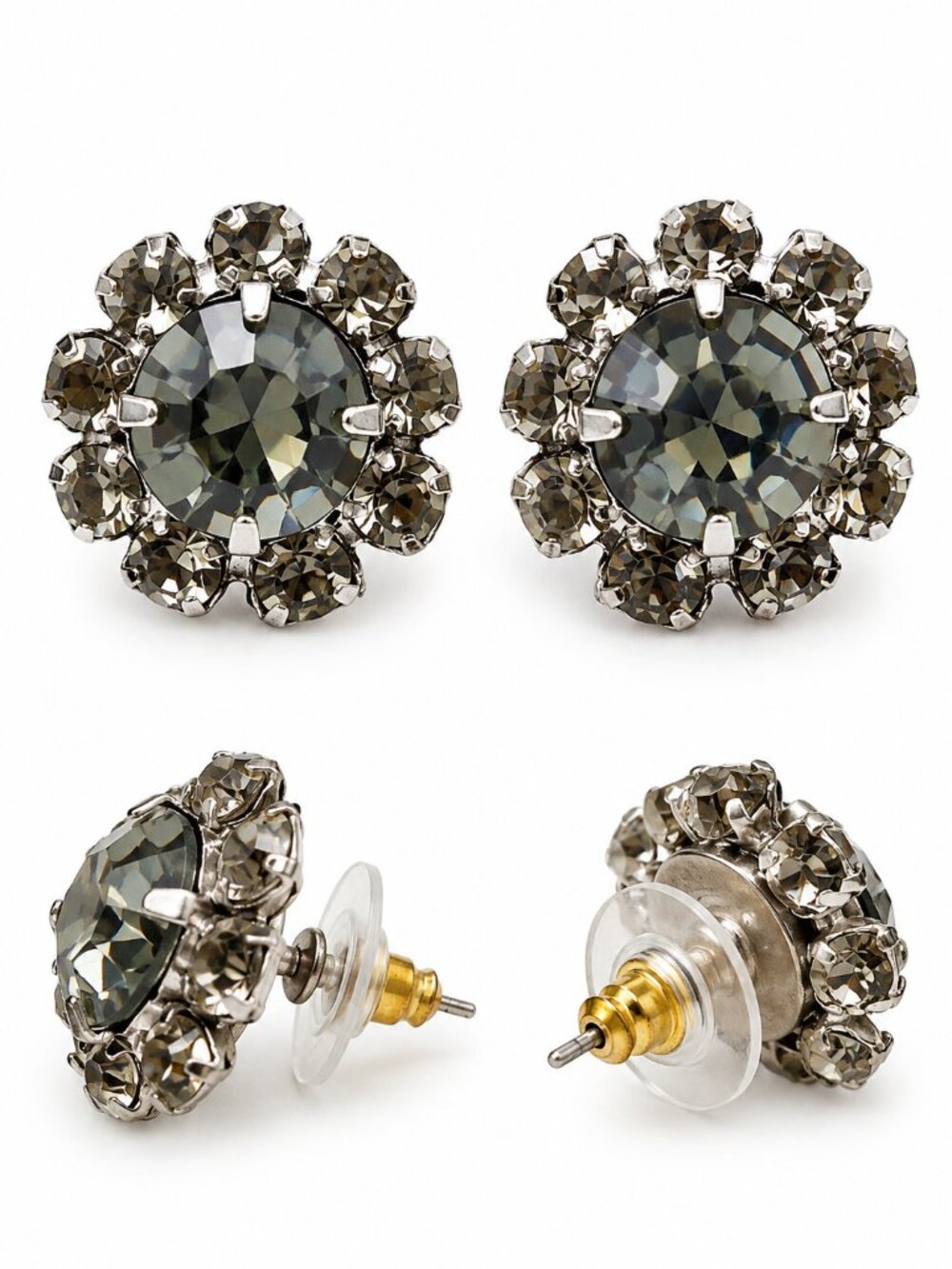 Vintage Style Smoky Gray Rhinestone Floral Cluster Stud Earrings